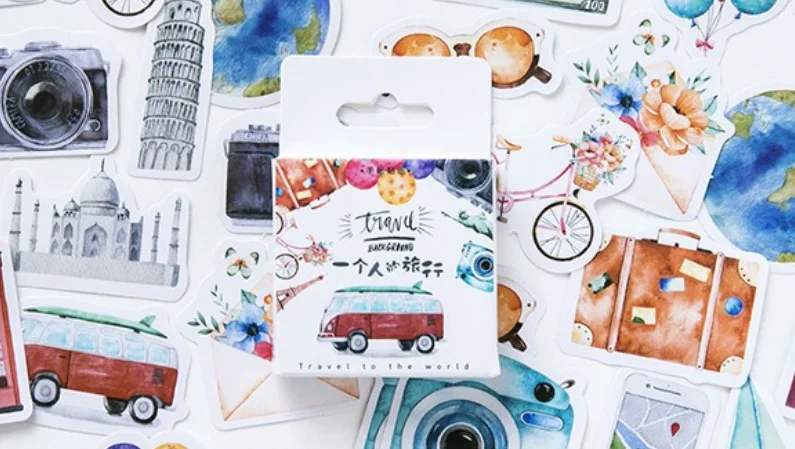 Mini Size Scrapbook Stickers, 45pcs Doraking DIY Decoration Travel Stickers Life Set for Travel Case, Planners, Calendars, Scrapbook, Suitcase, Notebooks, Dimension Less 44mm