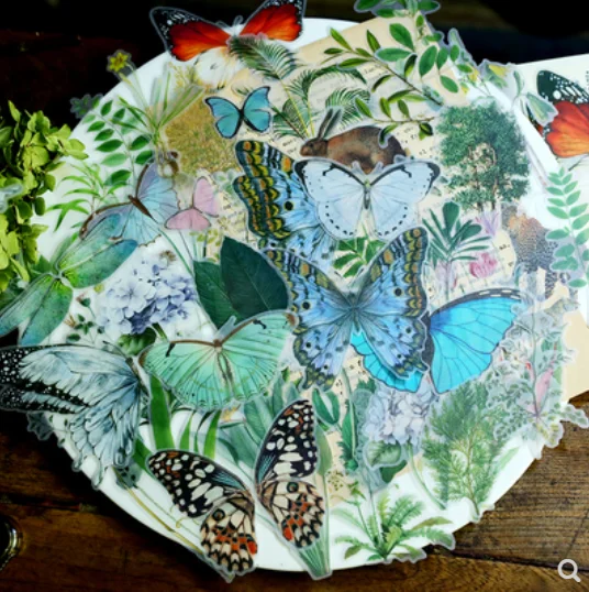 50PCS Vintage Tropical Plants Butterfly Green Plants Stickers for Decoration Laptop Scrapbook, Doraking No-Repeat Vintage Butterfly Stickers