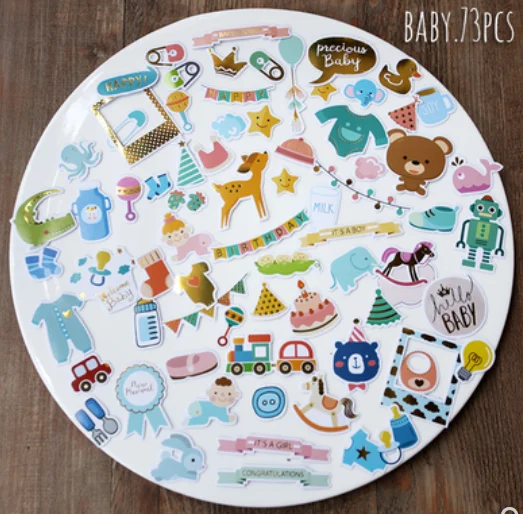 73PCS Baby Loves Foil Gold Decorative Stickers for Scrapbook Journals Birthday Party Invitation Cards Kids Gift Wrap Stickers, Doraking No-Repeat Cute Cartoon Stickers (Baby)
